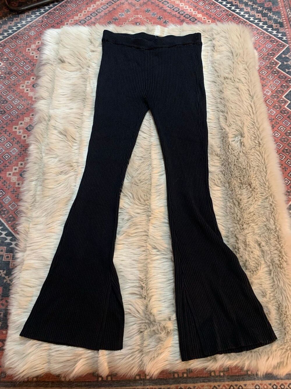 House of Harlow 1960 Black Ribbed Knit Wide Leg Flare Pants Medium